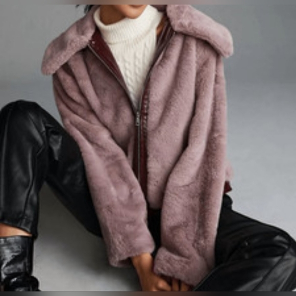 Maeve x Anthropologie Faux Fur Jacket Patent Trim Pink Rose Mauve, Large, NWOT - Picture 5 of 15